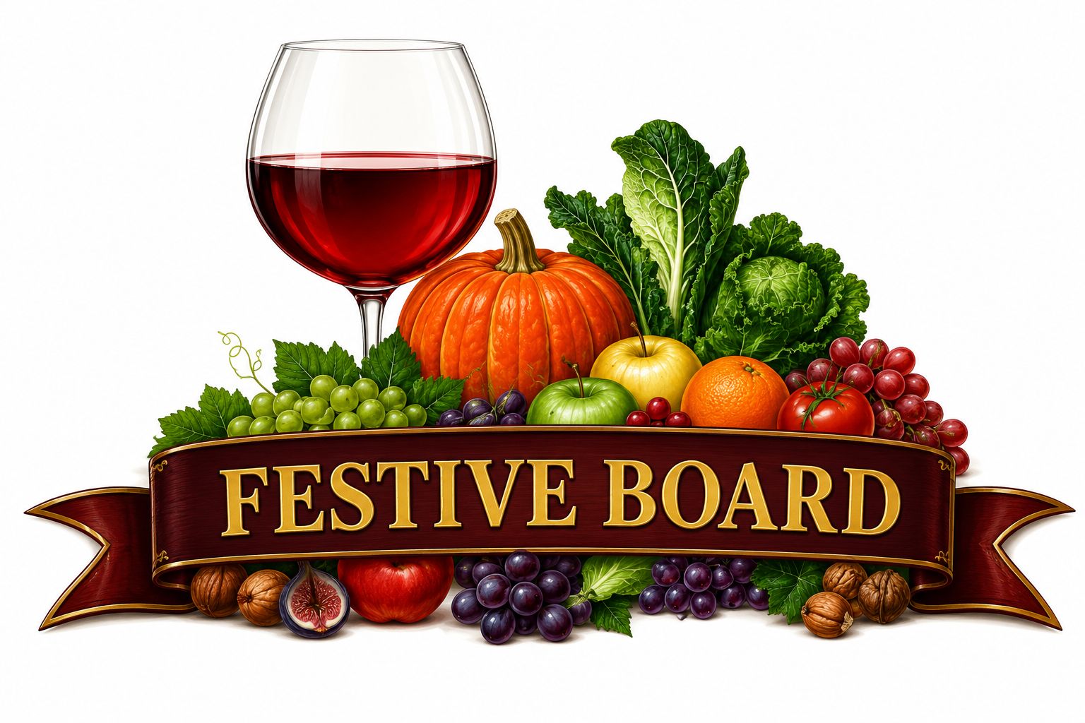 Festive Board banner with wine, fruit and vegetables