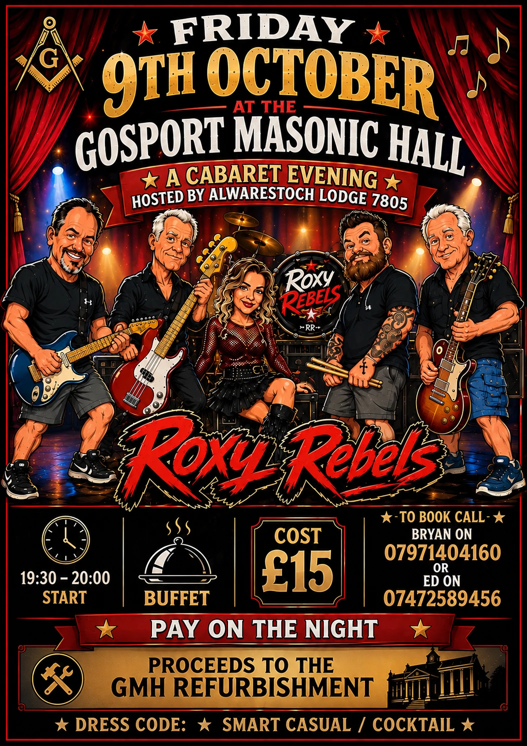 Roxy Rebels cabaret poster: Friday 9 October at Gosport Masonic Hall, hosted by Alwarestoch Lodge 7805; £15, buffet, pay on the night; proceeds to Hall refurbishment.