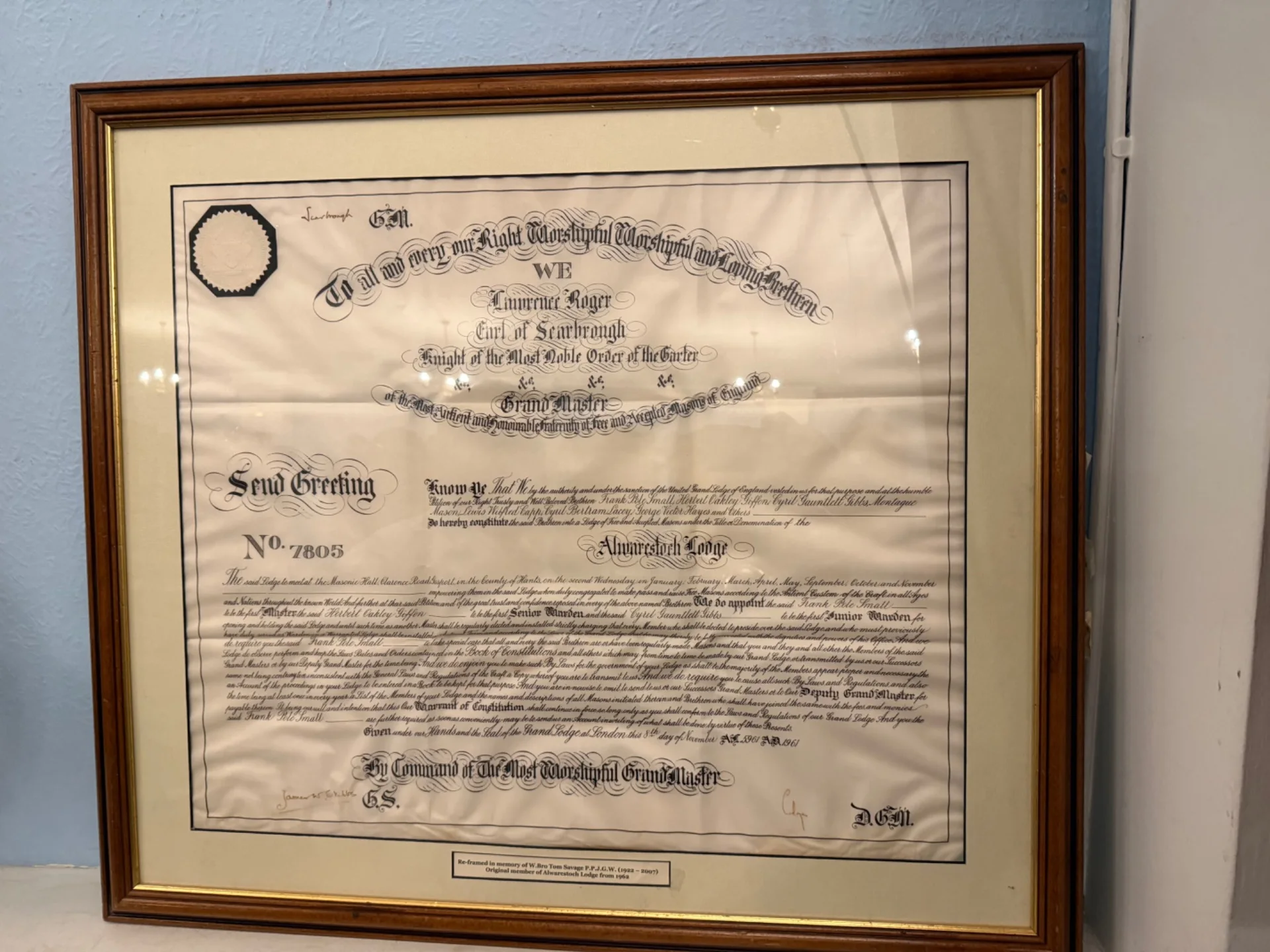 The original 1961 Warrant of Constitution for Alwarestoch Lodge No. 7805