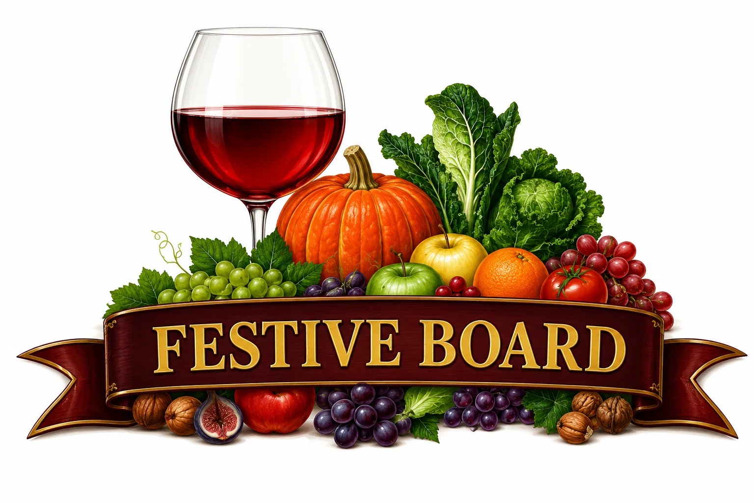 Festive Board banner with wine, fruit and vegetables